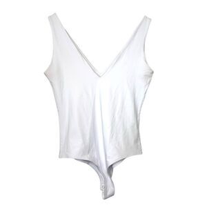 ReoRia Double Plunge V Neck Sleeveless Butsmooth Tank Bodysuit White Large